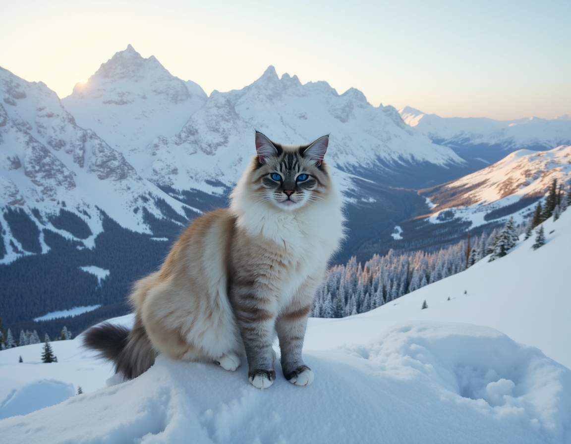 Cat climbs a snow-covered mountain, navigating the icy terrain with determination, surrounded by towering peaks and a breathtaking winter landscape.